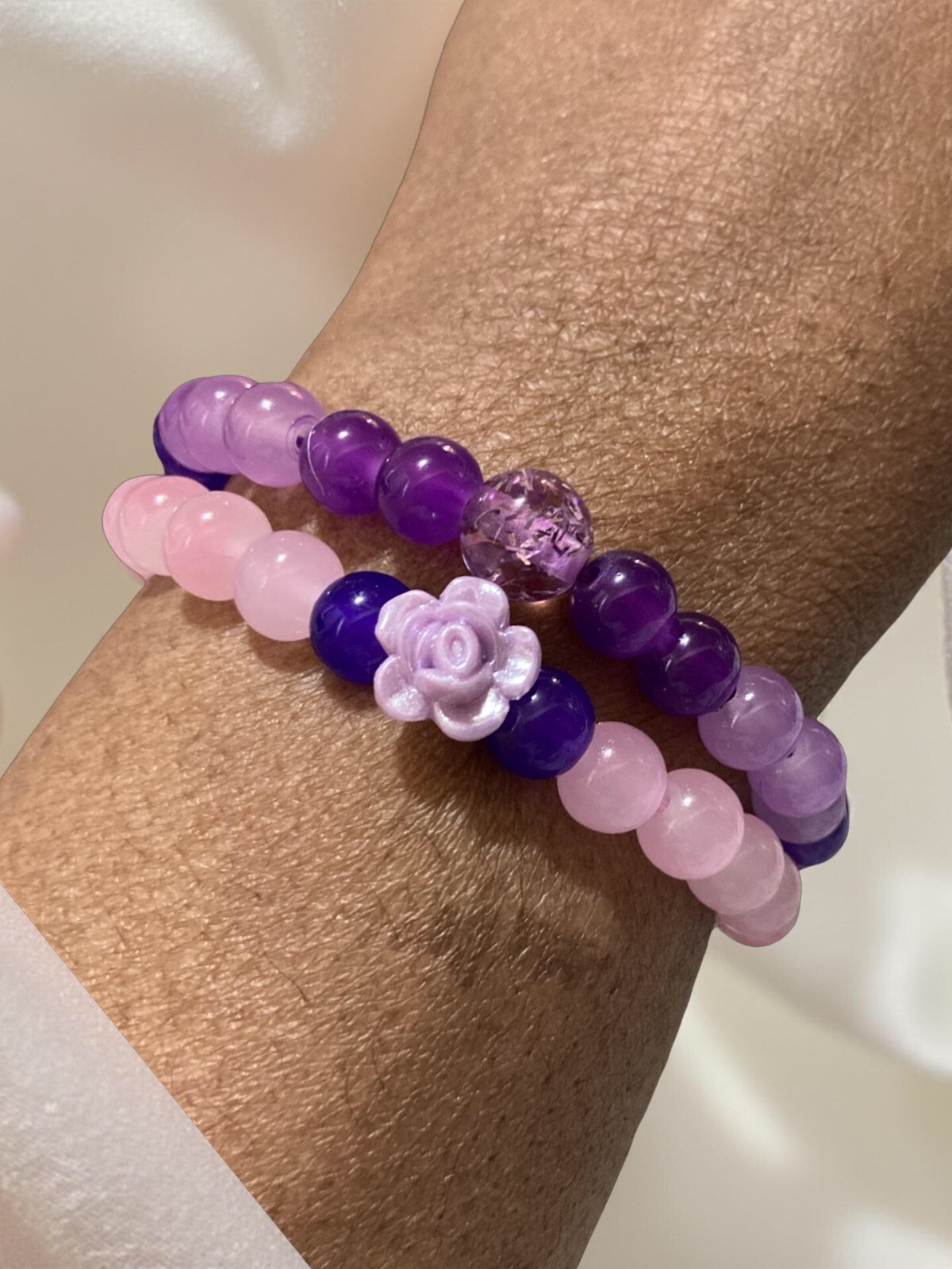 Set of 2 purple and pink handmade 8 mm crystal bracelet for all occasions