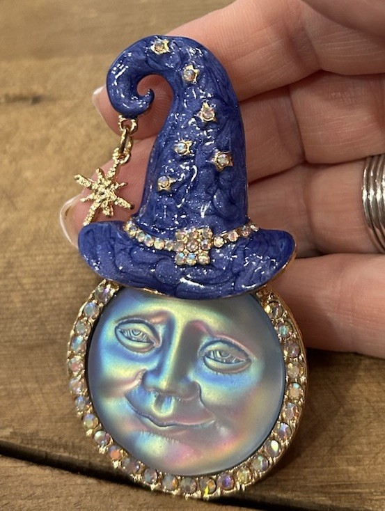 Mystical Iridescent Blue MOON FACE Brooch/Pendant w/Hat AB Crystals, Star Charm