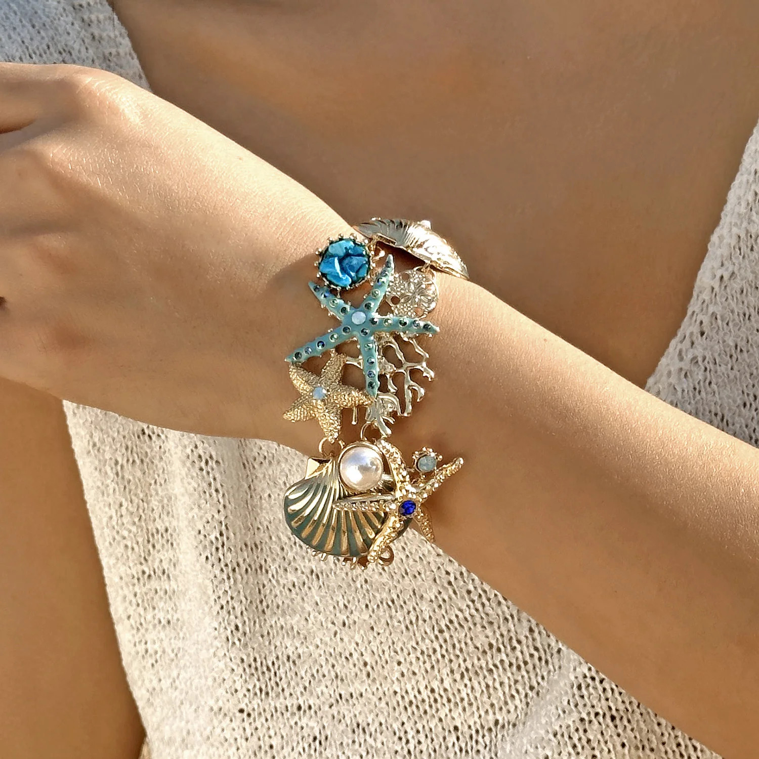 Boho Starfish Shell Coral Pearl Pendant Necklace For Women Shiny Crystal Zircon