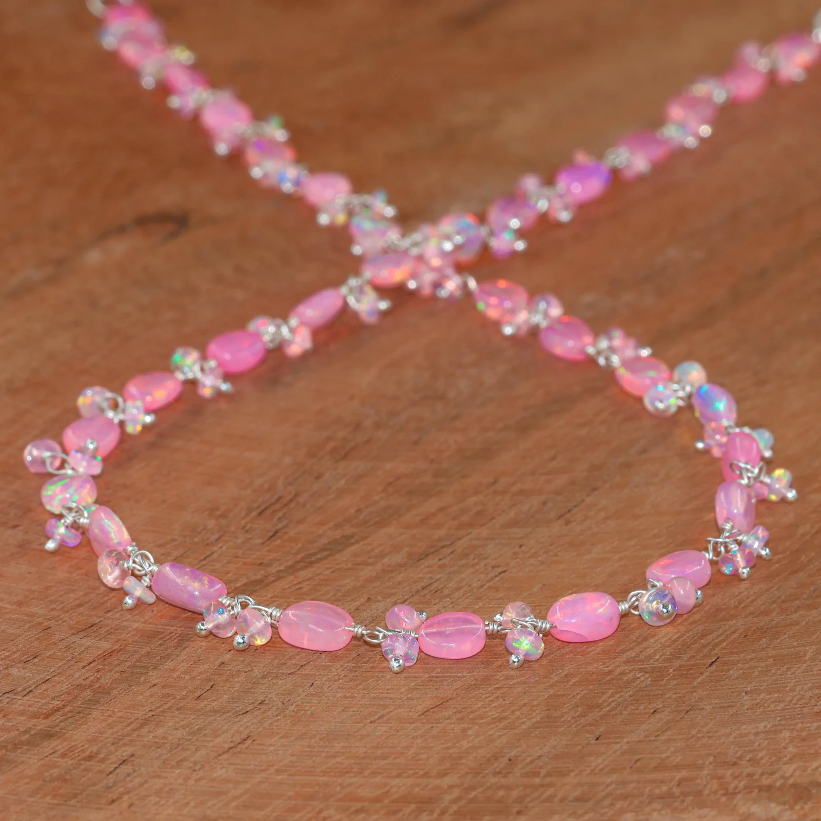 Pink Fire Opal Gemstone Tumble Beads Necklace, Natural Pink Opal Beads Necklace