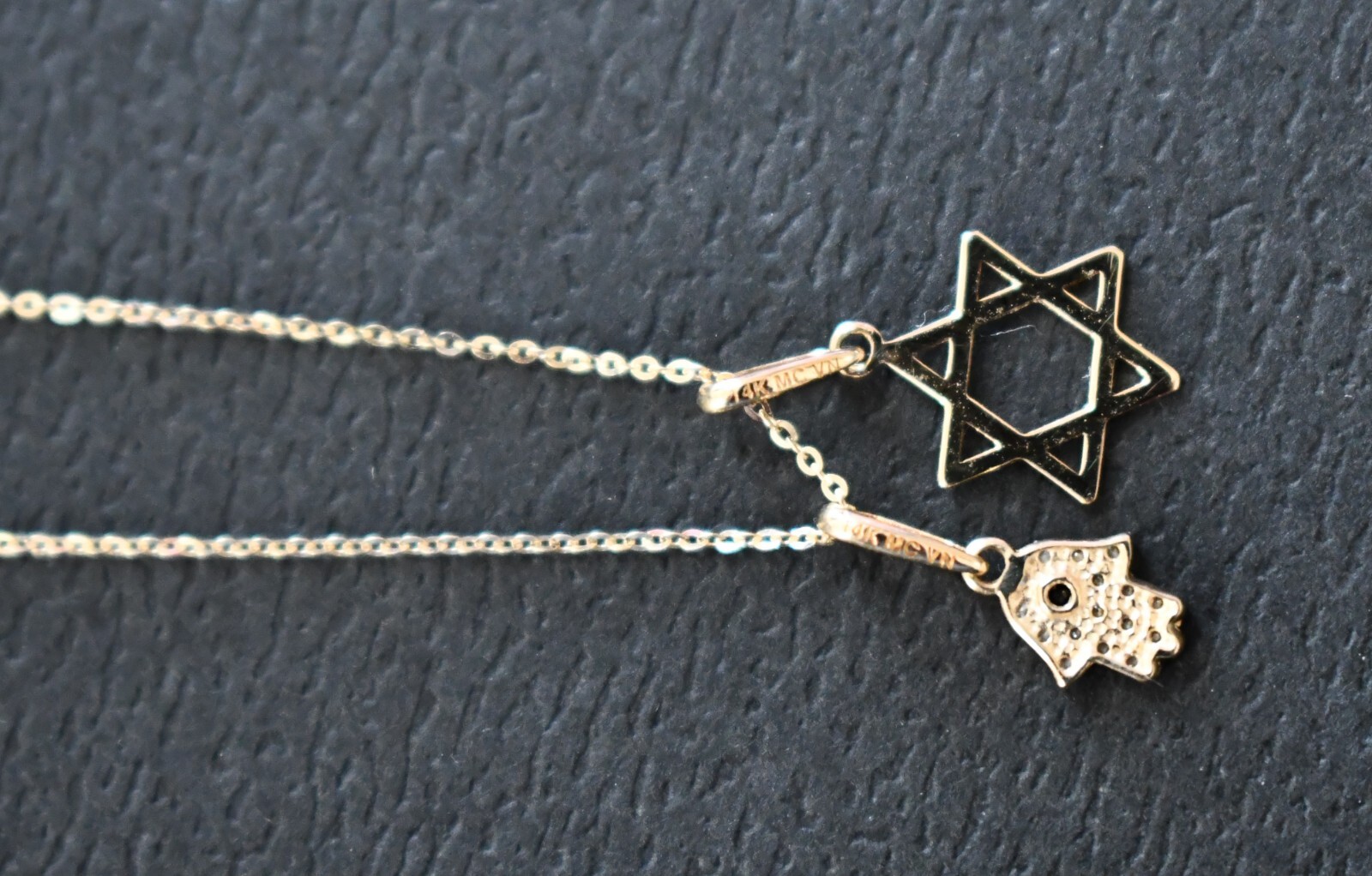 New 14K YELLOW GOLD STAR OF DAVID & HAMSA with CZ Stones Pendant Necklace
