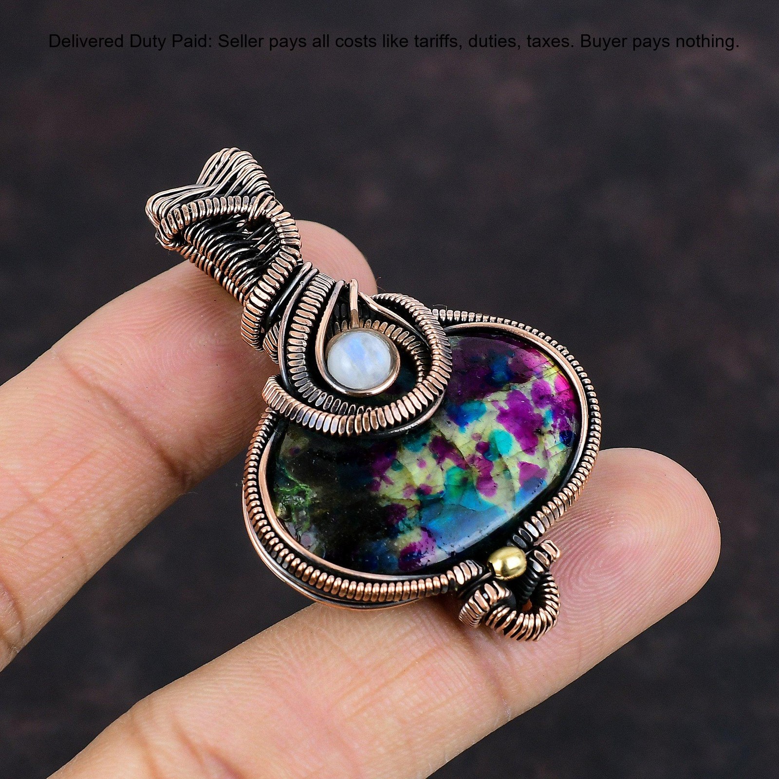 Copper Natural Multi Fire Labradorite Rainbow Moonstone New Wire Wrapped Pendant