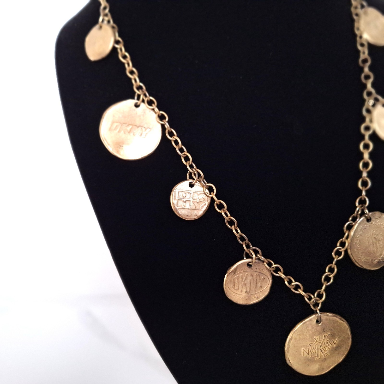 VINTAGE 1993 DKNY STATEMENT NECKLACE DONNA KARAN DESIGNER GOLD MEDALLIONS 32 IN