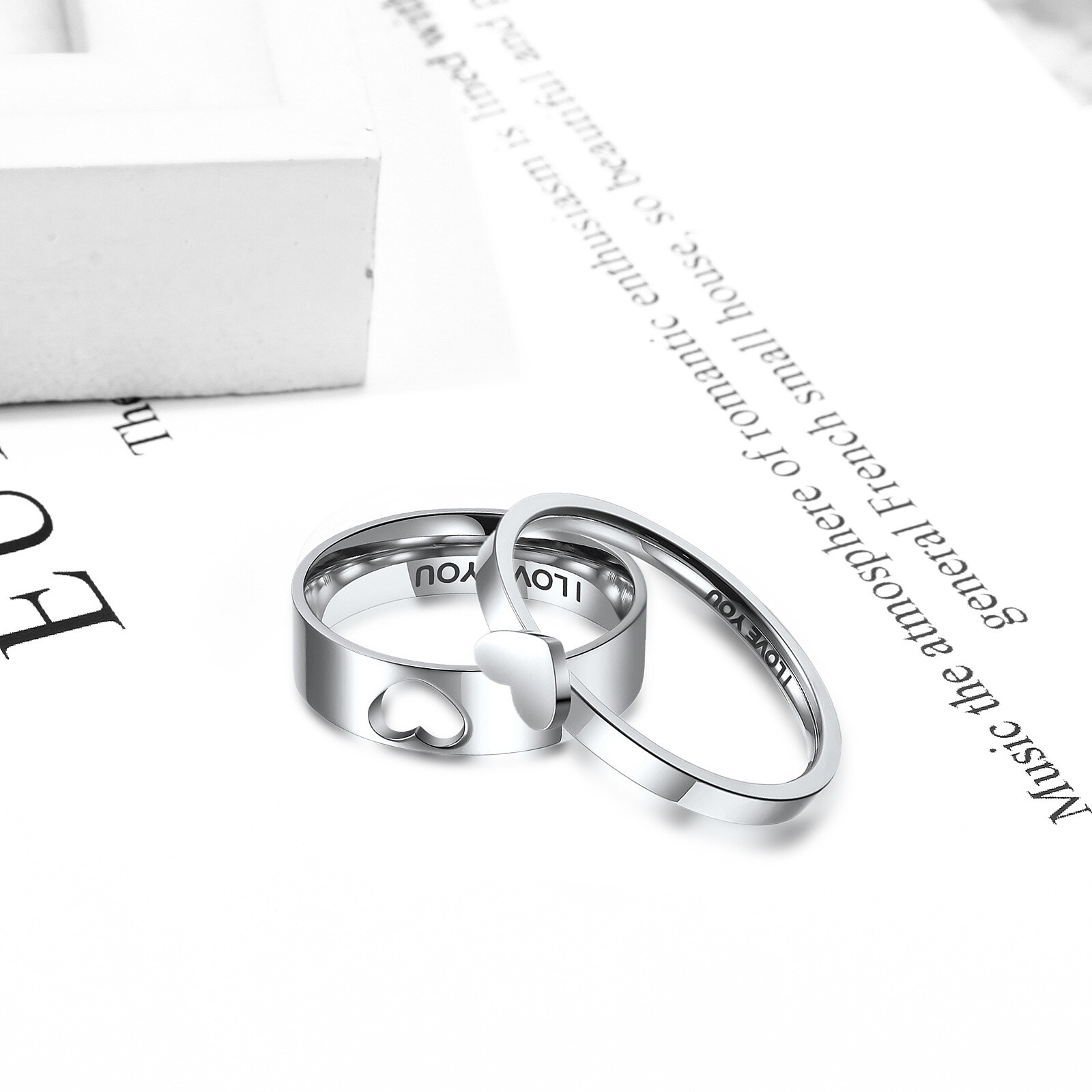 2pcs Couple Matching Heart Promise Rings I Love You Engagement Wedding Band Gift