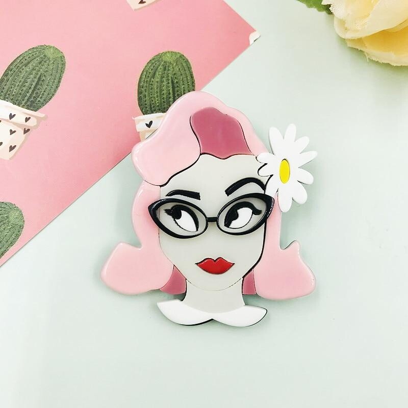 Acrylic Pink Hair Lady Brooches For Women Unisex Wear Flower Glasses Girl