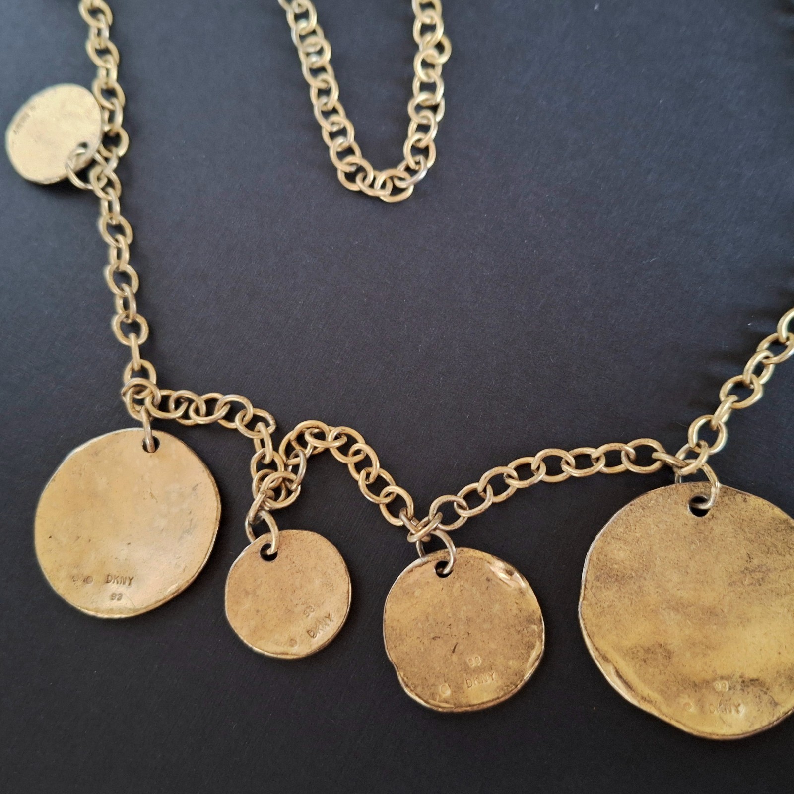 VINTAGE 1993 DKNY STATEMENT NECKLACE DONNA KARAN DESIGNER GOLD MEDALLIONS 32 IN