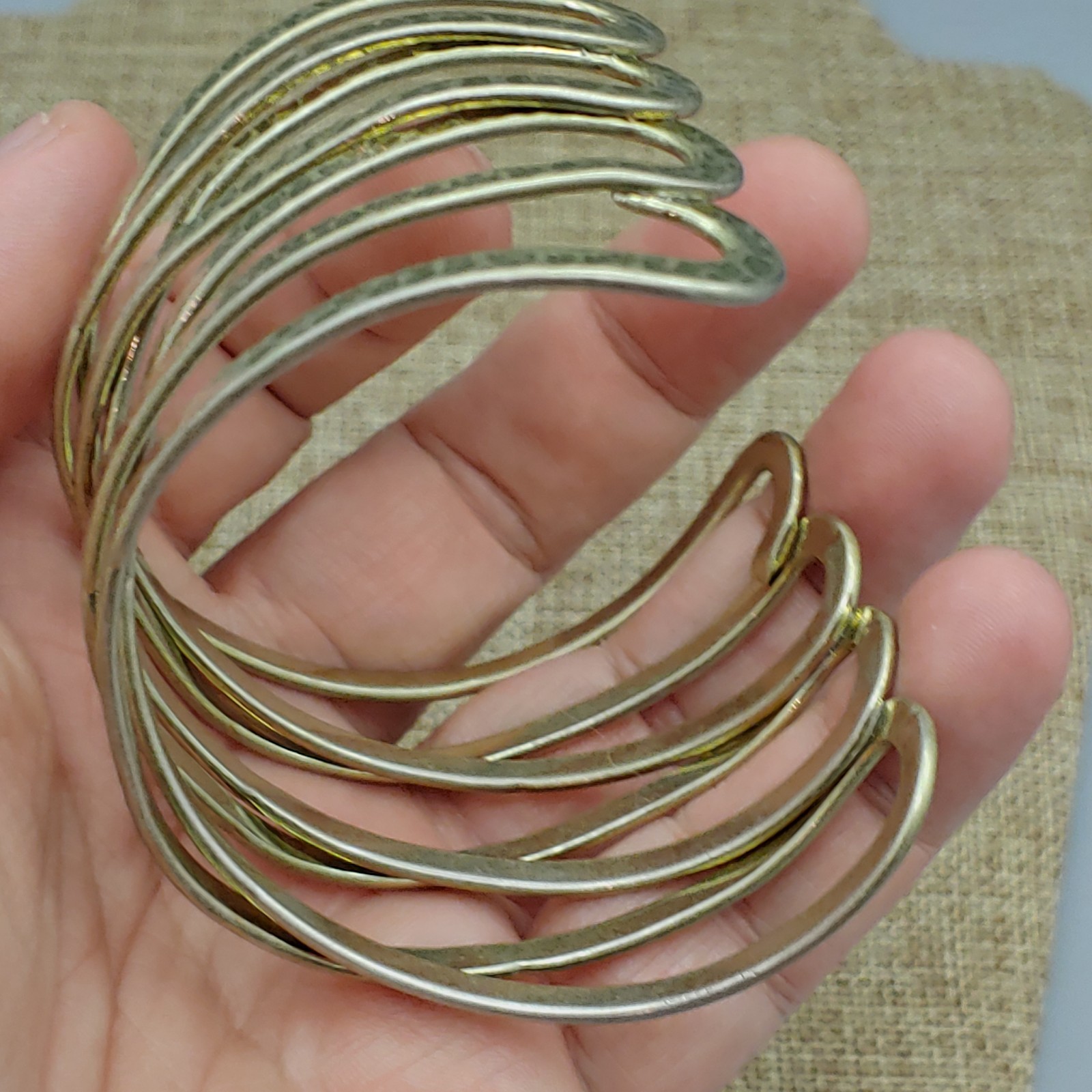 Cuff Hammered Bracelet Wide Gold Tone Metal Open “X” Cross Weave Statement 7″