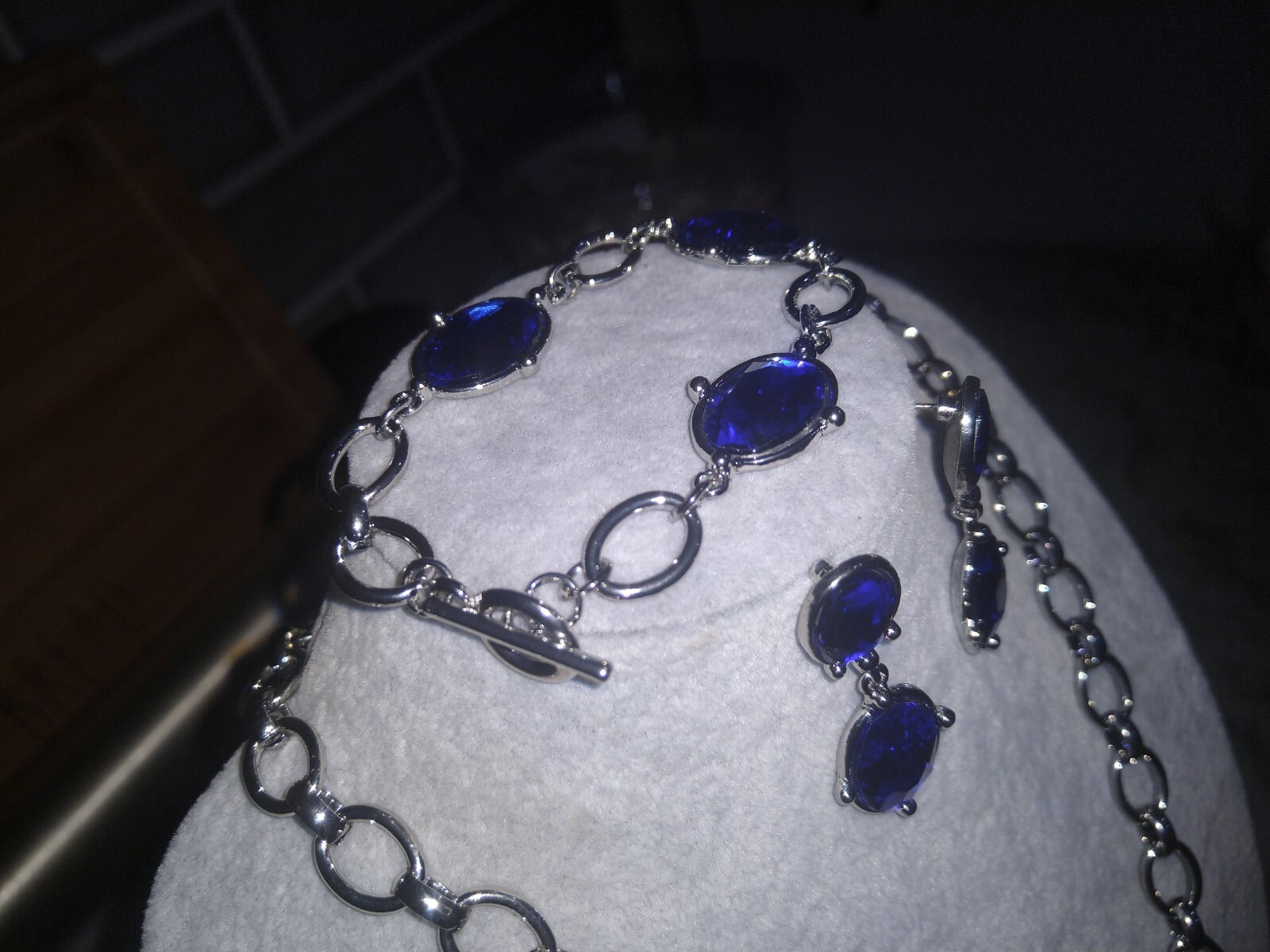 Set of 3 Sim. Blue SapphireLinkedChainNcklce,20.5 ,Brclet,Earrings,Silvrtone