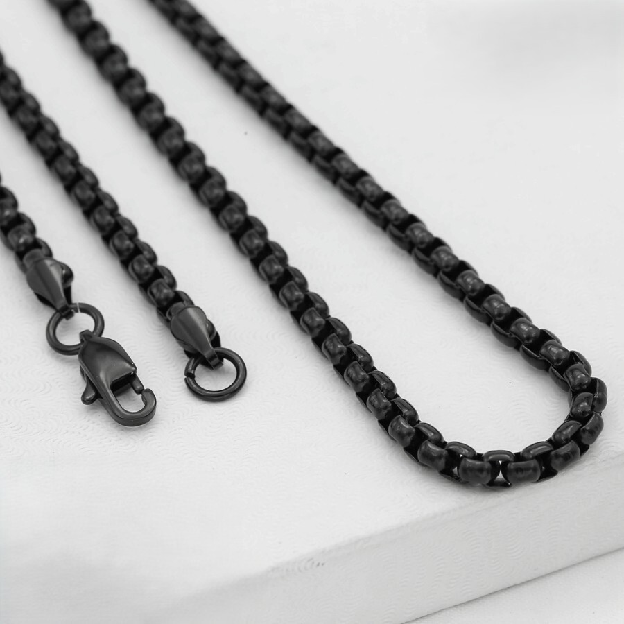 Men’s 24″ Box Chain JESUS CROSS Charm Black Stainless Steel,Ion Plated Box