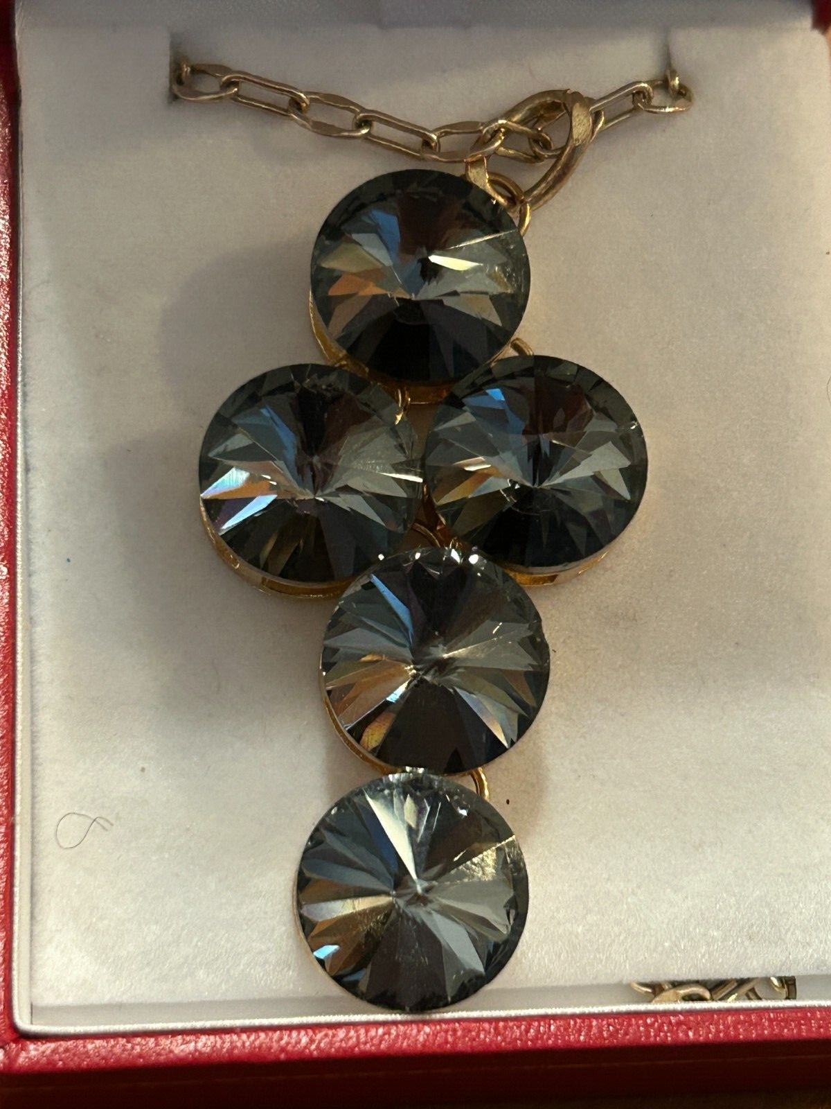 Vintage Good Quality Gold Tone Necklace with Smoky Rivoli Stones Pendant 22″