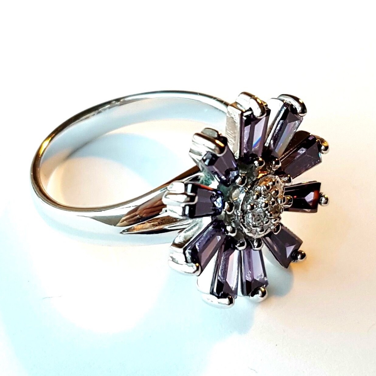 (SIZE 6,7,8,9) AMETHYST FLORAL RING Baguette Shape Stones .925 STERLING SILVER