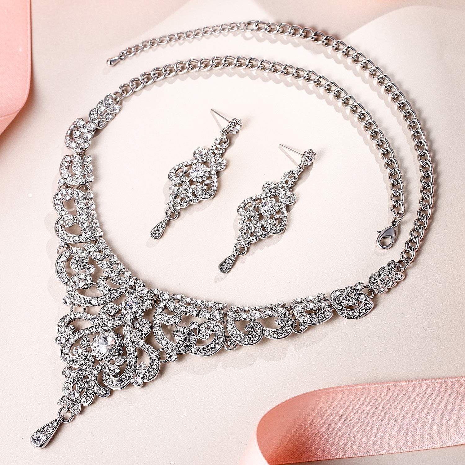 Bridal Silver-Tone Vase Flower Clear Austrian Crystal Necklace Earrings Set