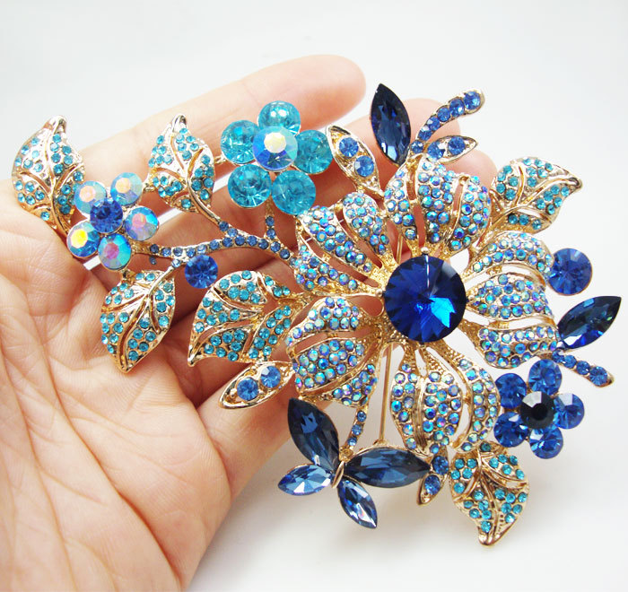 Vintage Style Blue Rose Flower Brooch Pin Rhinestone Crystal Woman Jewelry