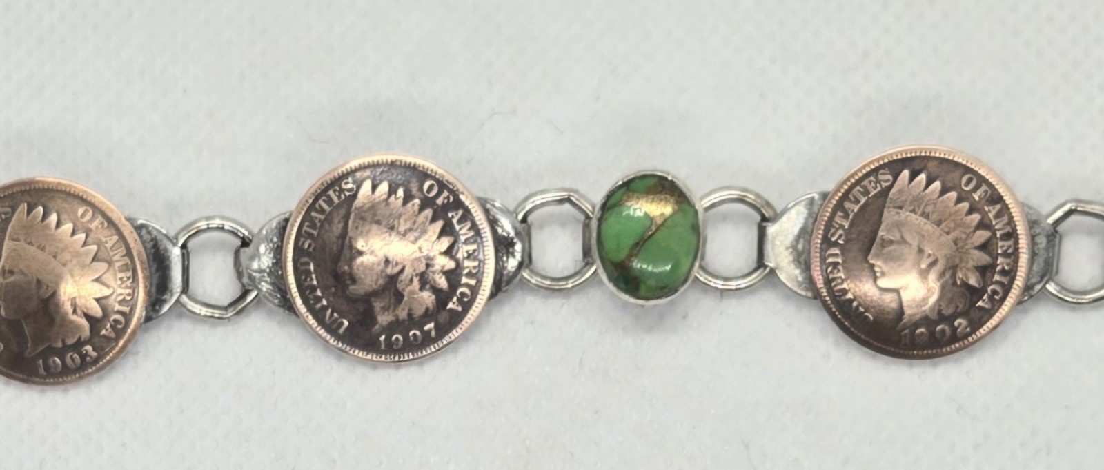 Nickelheadjewelry LLC GREEN copper turquoise bracelet with authentic coins