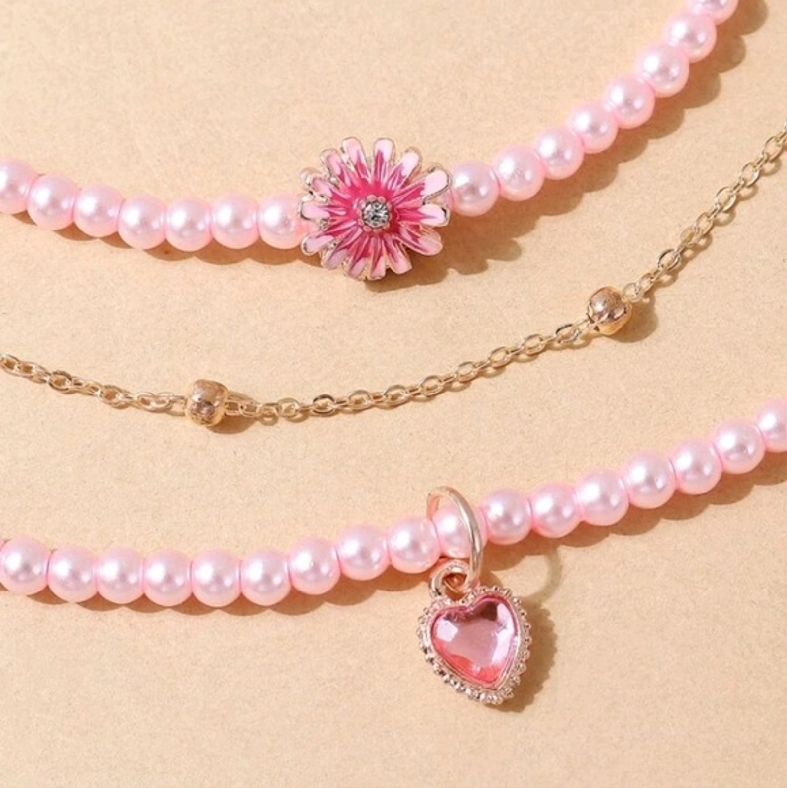 2pcs Pink Faux Pearls & Gold Chain Heart & Flower Pendant Necklace