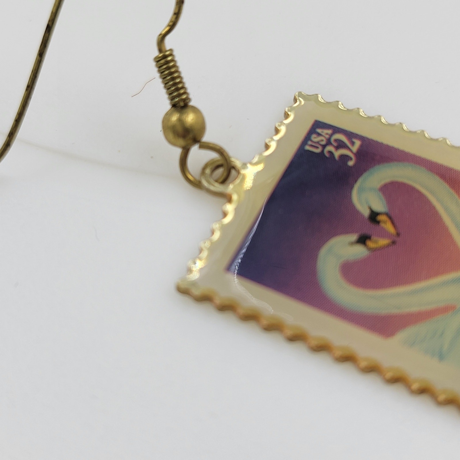 Swan Love 32 Cent Stamp Dangle Earrings Heart Gold Tone Postage Mail USA