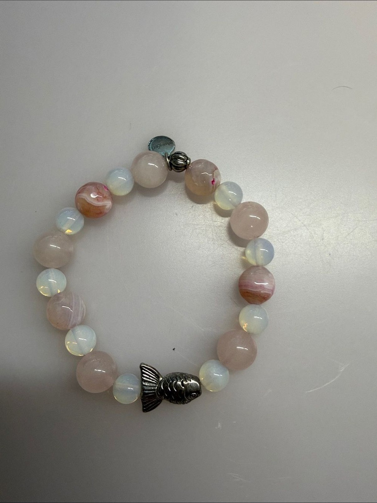 Handcrafted Pink Jade and Opalite Beaded Bracelet with Silver Fish Accent