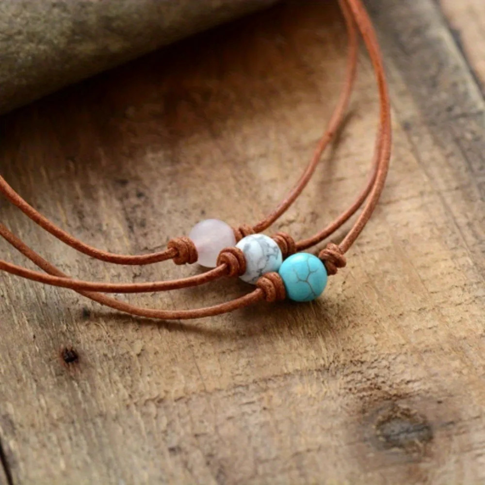Bohemian Style Turquoise Bead Choker Necklace, Simple Vintage Retro Leather Cord