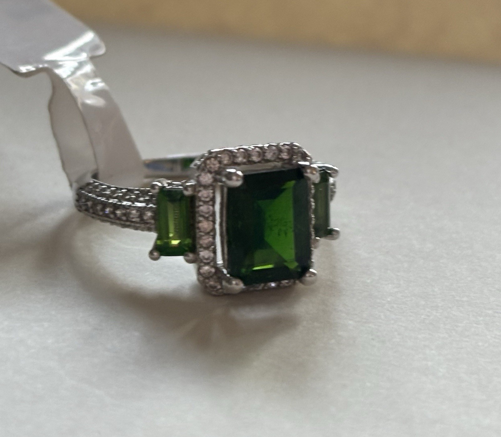 925 Silver Russian Chrome Diopside Emerald Cut Halo Cocktail Ring Prong Set Sz 6