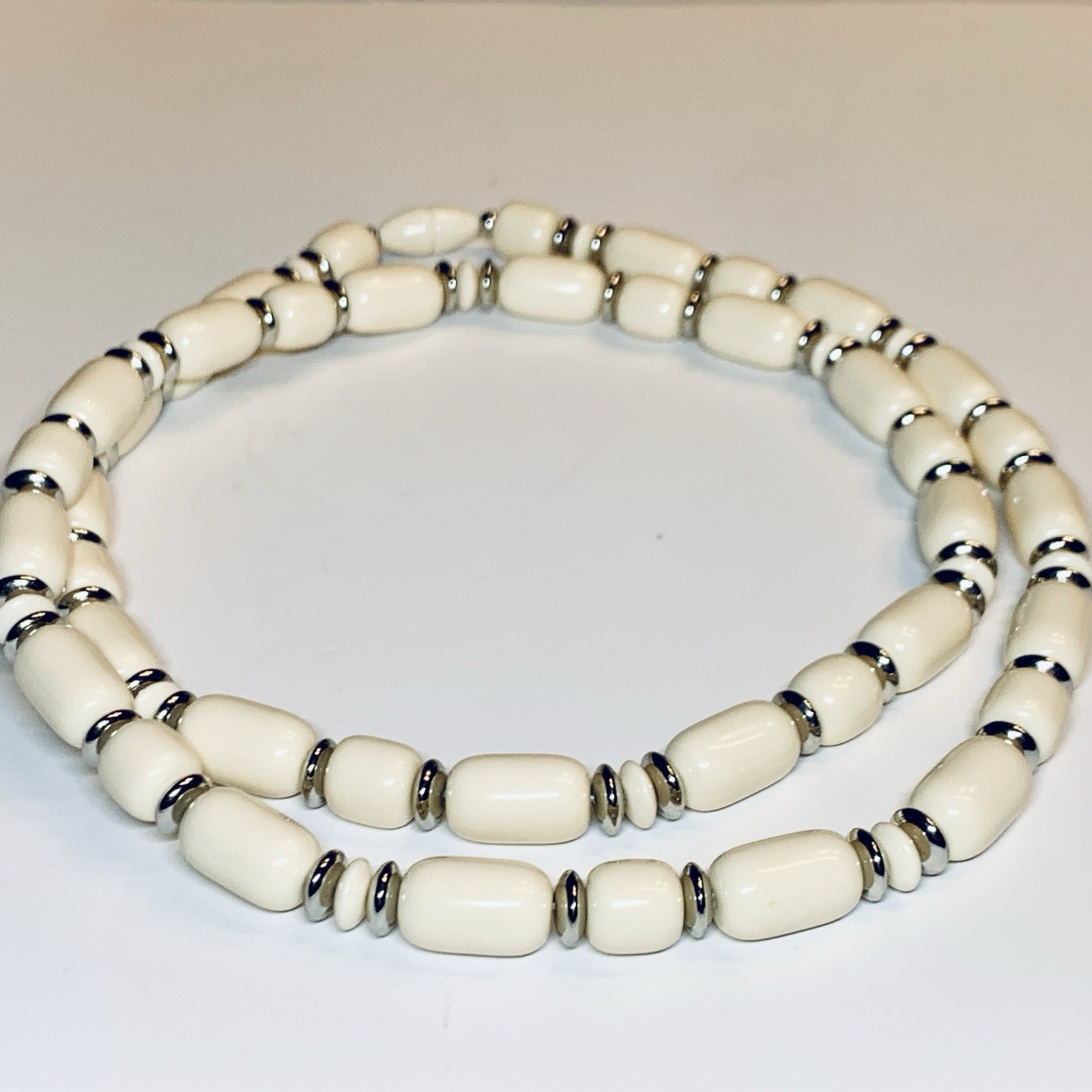 Vintage Cream & Silver Bead Necklace 32”