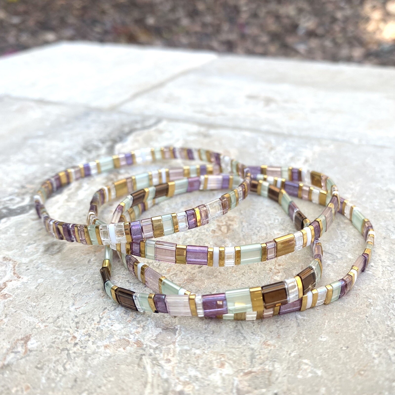Miyuki Tila Mermaid gold silver bracelet boho Japanese glass tile stackable USA