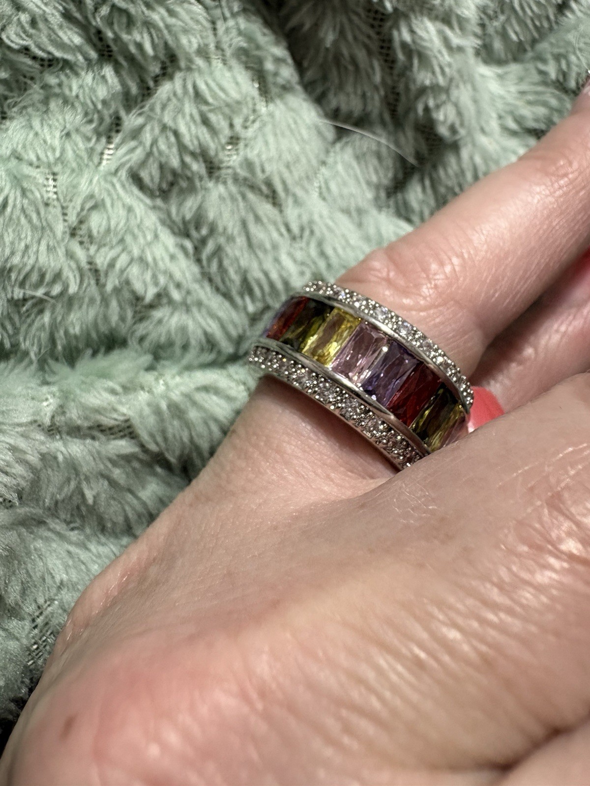 Silver Tone Multicolor Baguette Channel-Set Stackable Band Ring Size 7