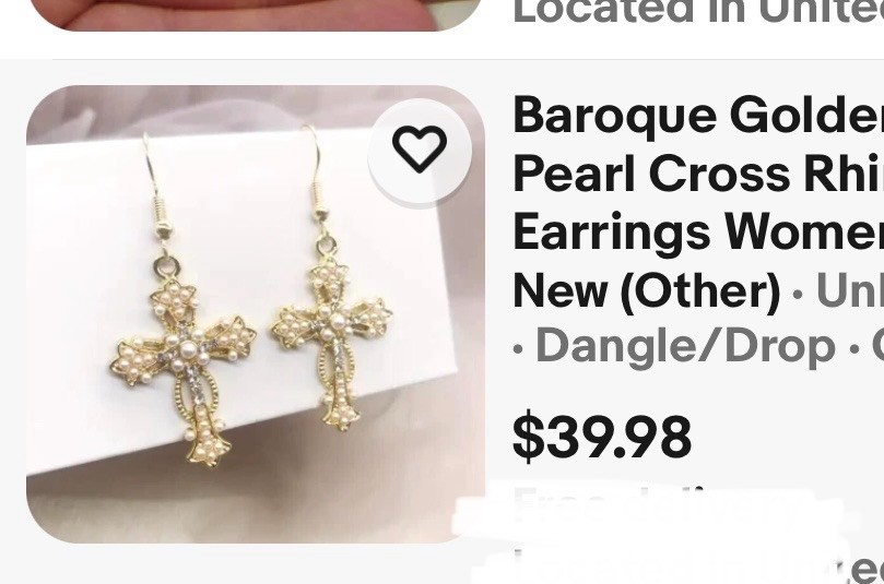 1” Dangle Faux Pearl/gold Cross Earrings Clamp Closing. Precious. Branded