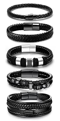 Black Leather Bracelets for Men Women 5pcs Mens Bracelet Leather and A- 8.7inch
