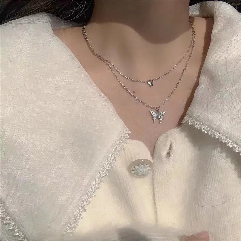New Shiny Silver Colour Butterfly Necklace Ladies Exquisite Double Layer Clavicl