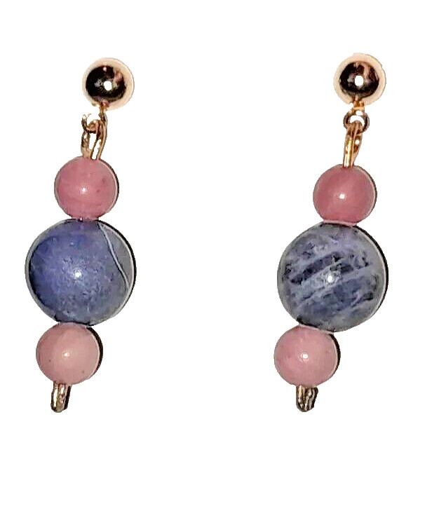 Pink Rhodonite blue sodalite new stone post earrings yelllow gold plated