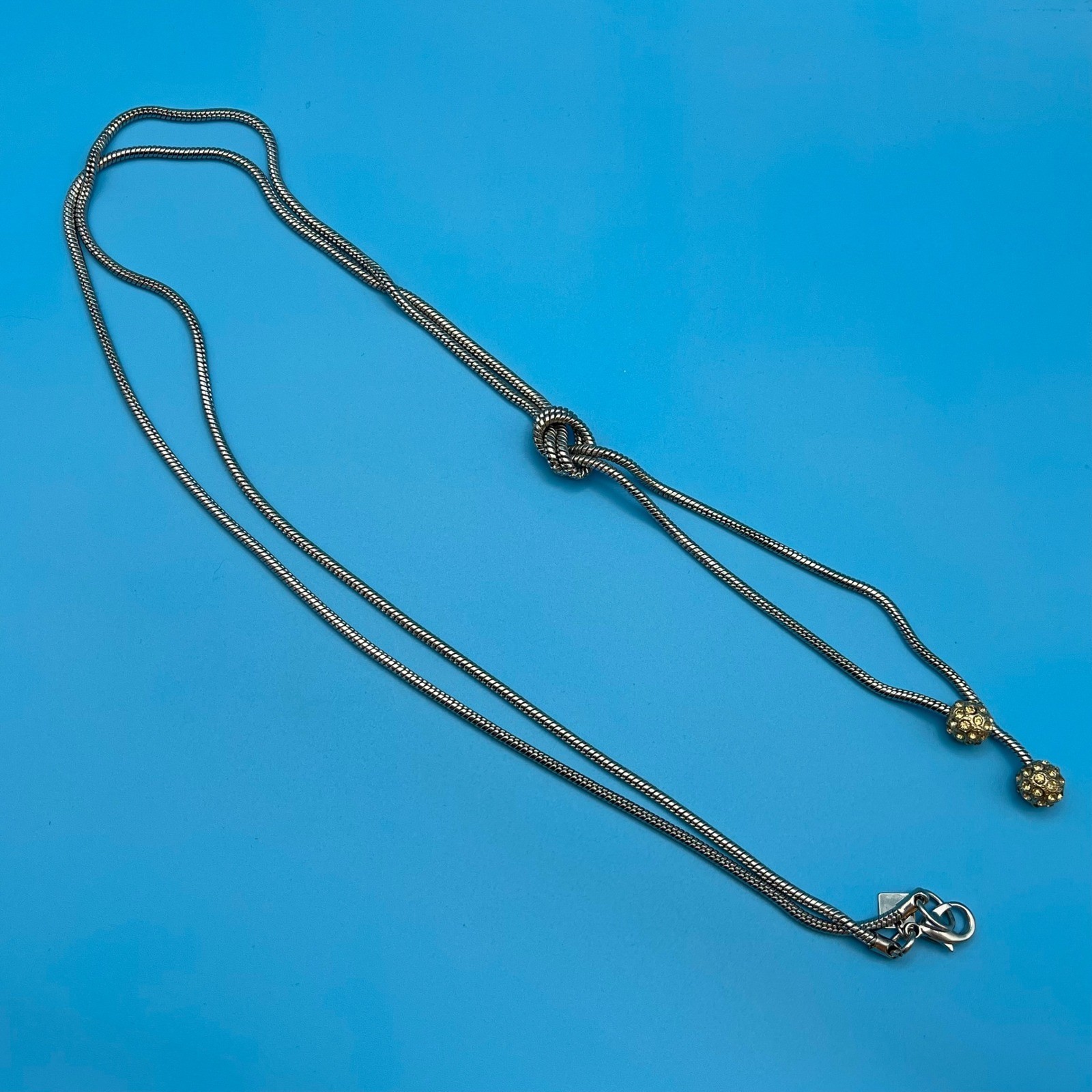 Banana Republic Lariat Necklace Women Silver Tone Knot Pave Ball Snake Chain