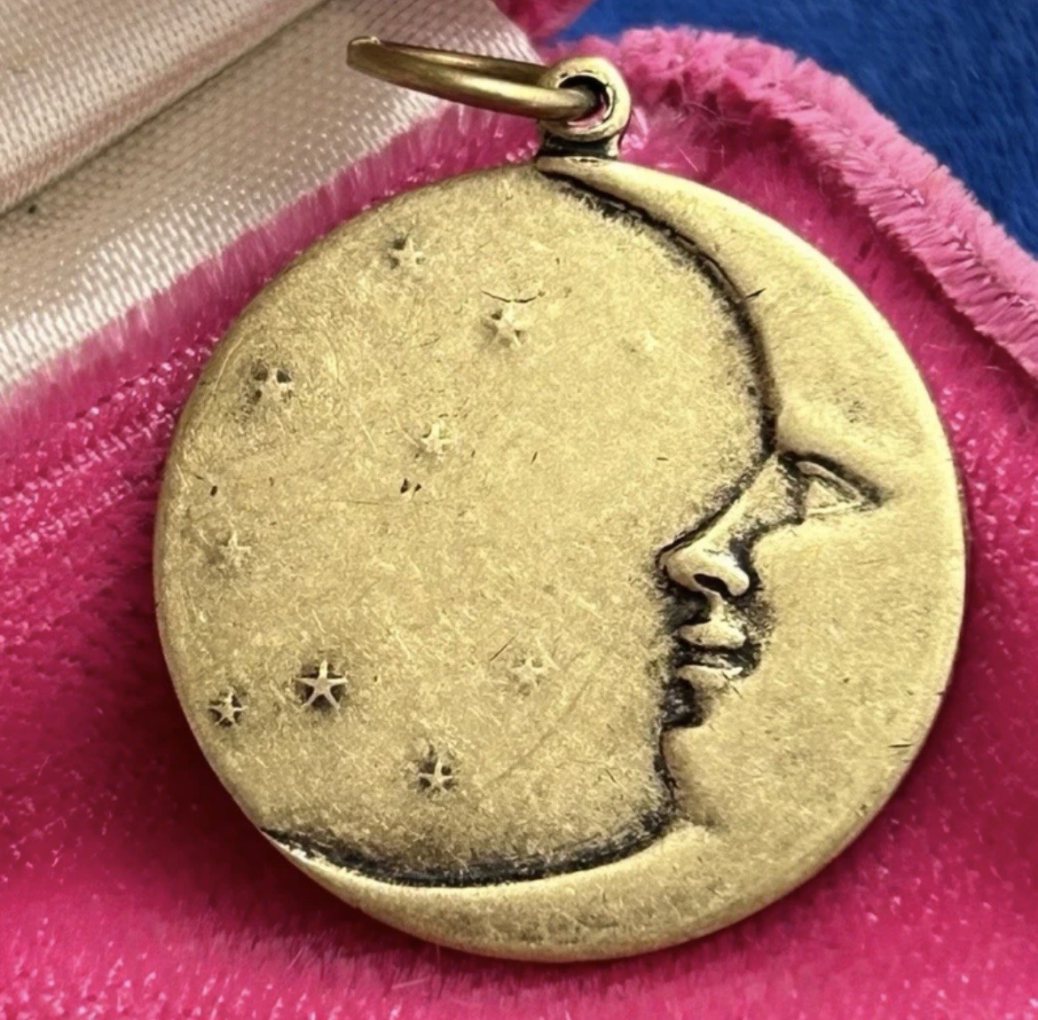 Moon Charm Pendant Antiqued Brass Metal Crescent Moon Face Stars Celestial