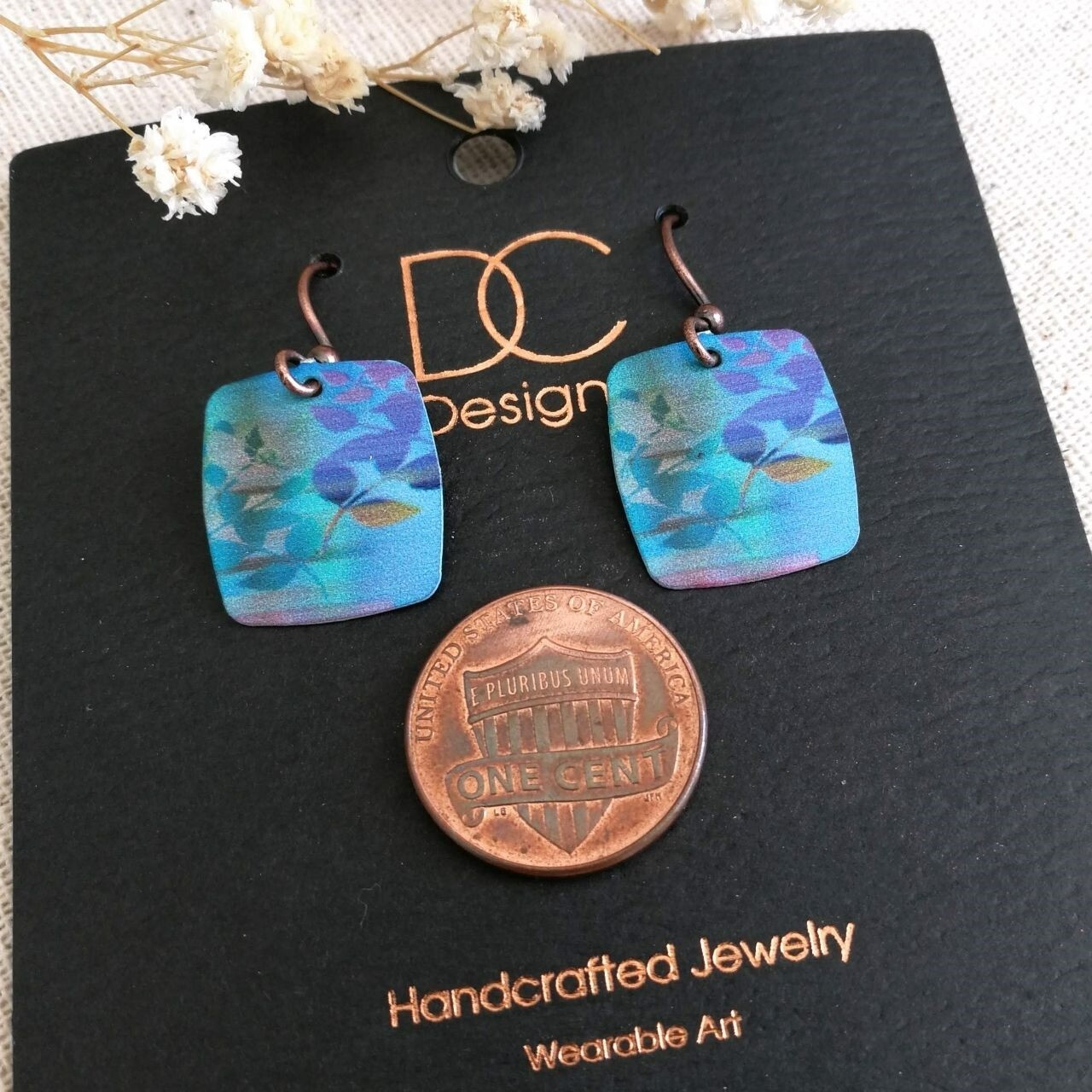DC Designs Abstract Foliage Small Square Earrings in Blue and Green 34NS Unique