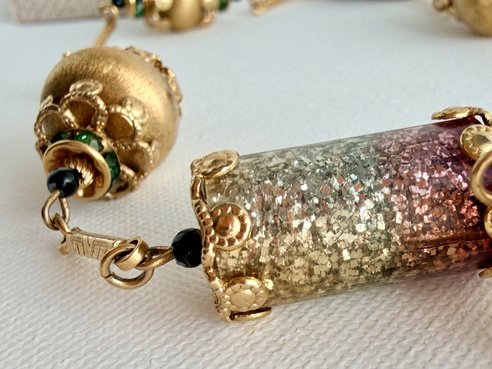 Vintage Vendome Necklace Gold Tone Pink Green Glitter Beads Signed