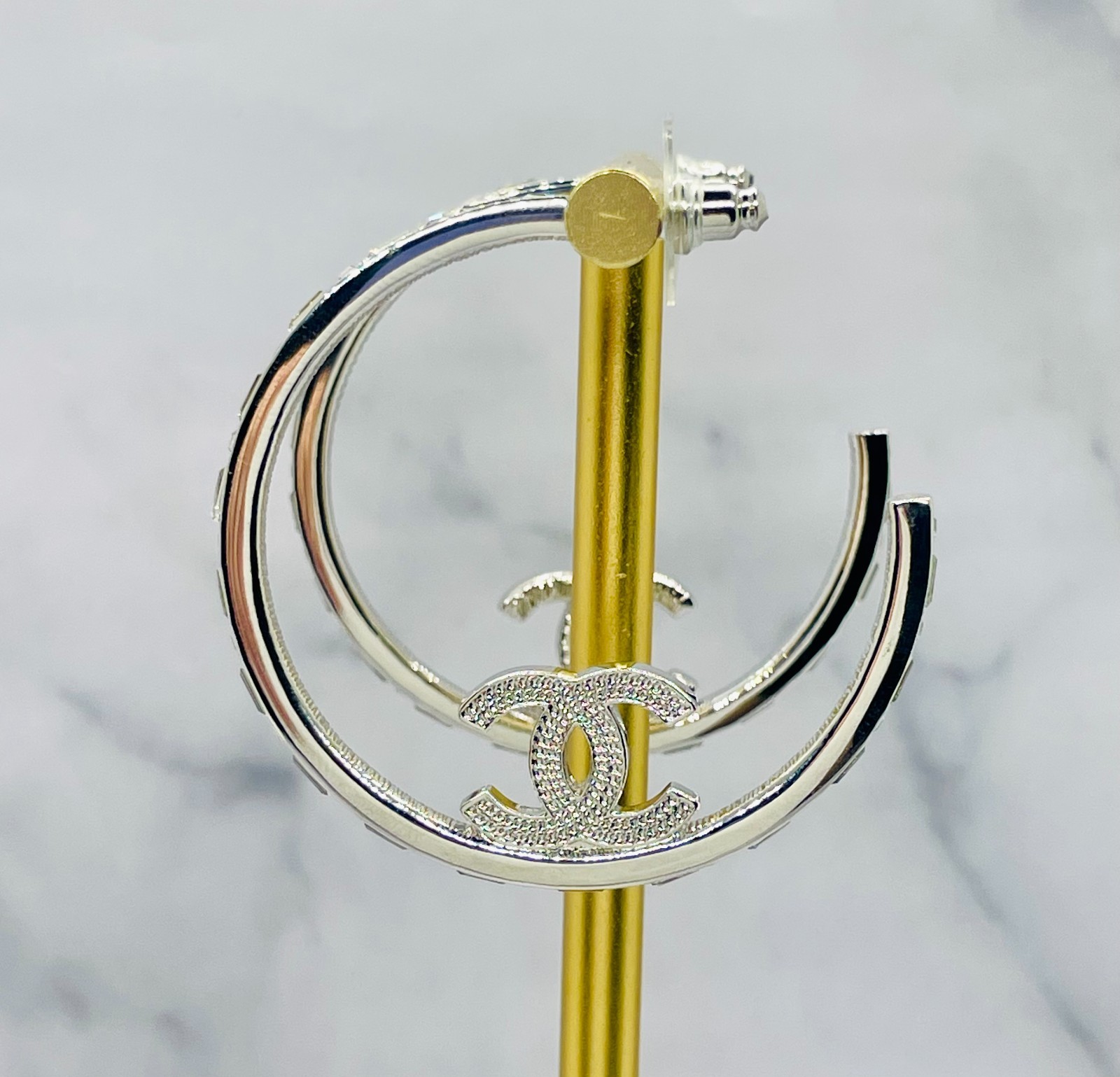 CHANEL CC Silver Tone Rhinestone Hoop Earrings – USED / MF6228