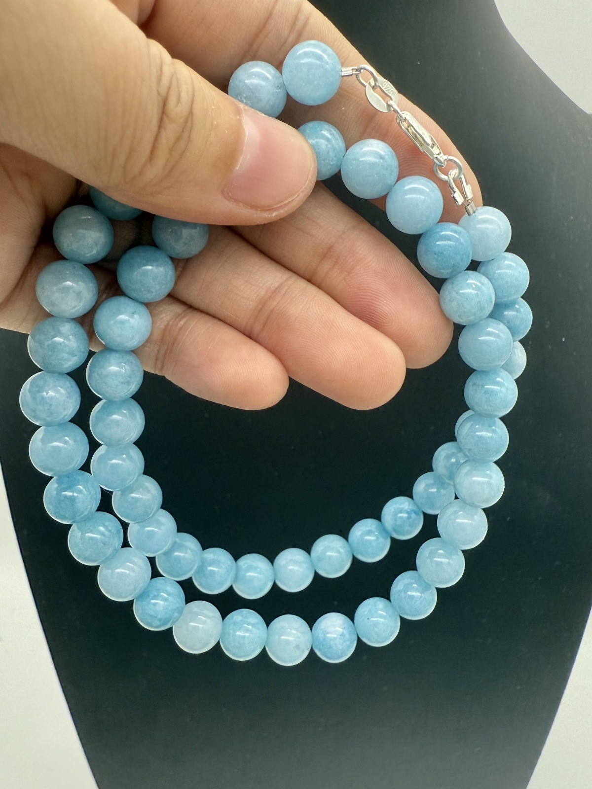 Natural Blue Brazilian Aquamarine Gems Round Beads Necklace Sterling Silver 925