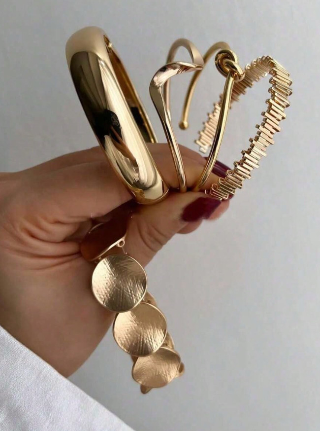 5pcs Vintage Gold Geometric Metal Bracelet Set Luxury Bangle Jewelry Women