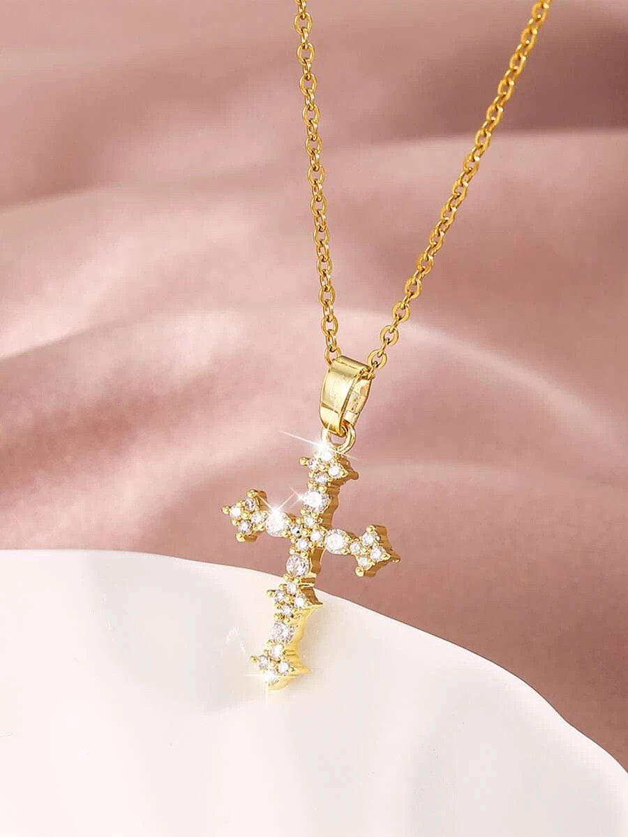 YELLOW GOLD COLOR CZ CROSS PENDANT NECKLACE STAINLESS STEEL WOMEN GIFT USA