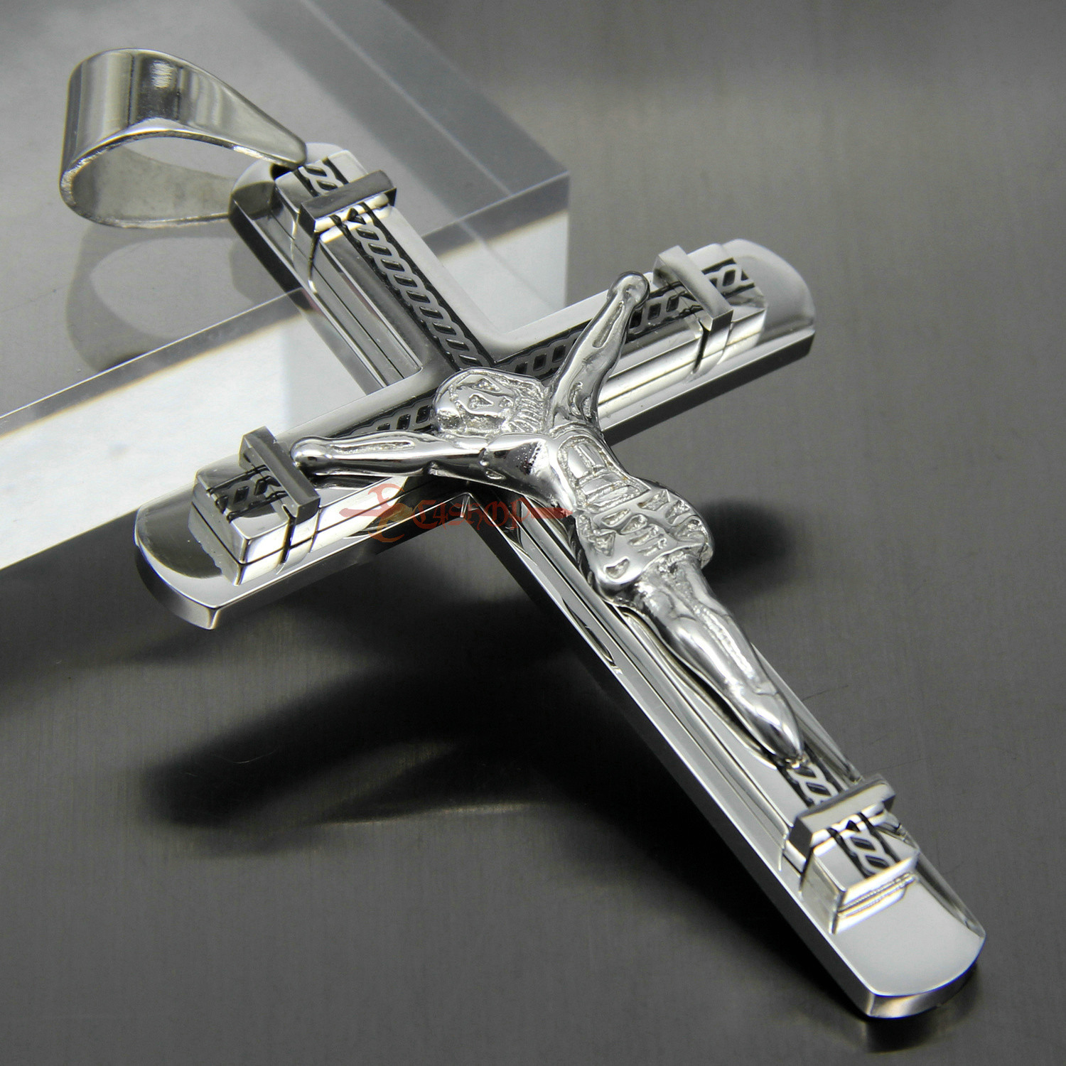 Heavy Catholic Jesus Christ INRI Cross Crucifix Stainless Steel Necklace Pendant