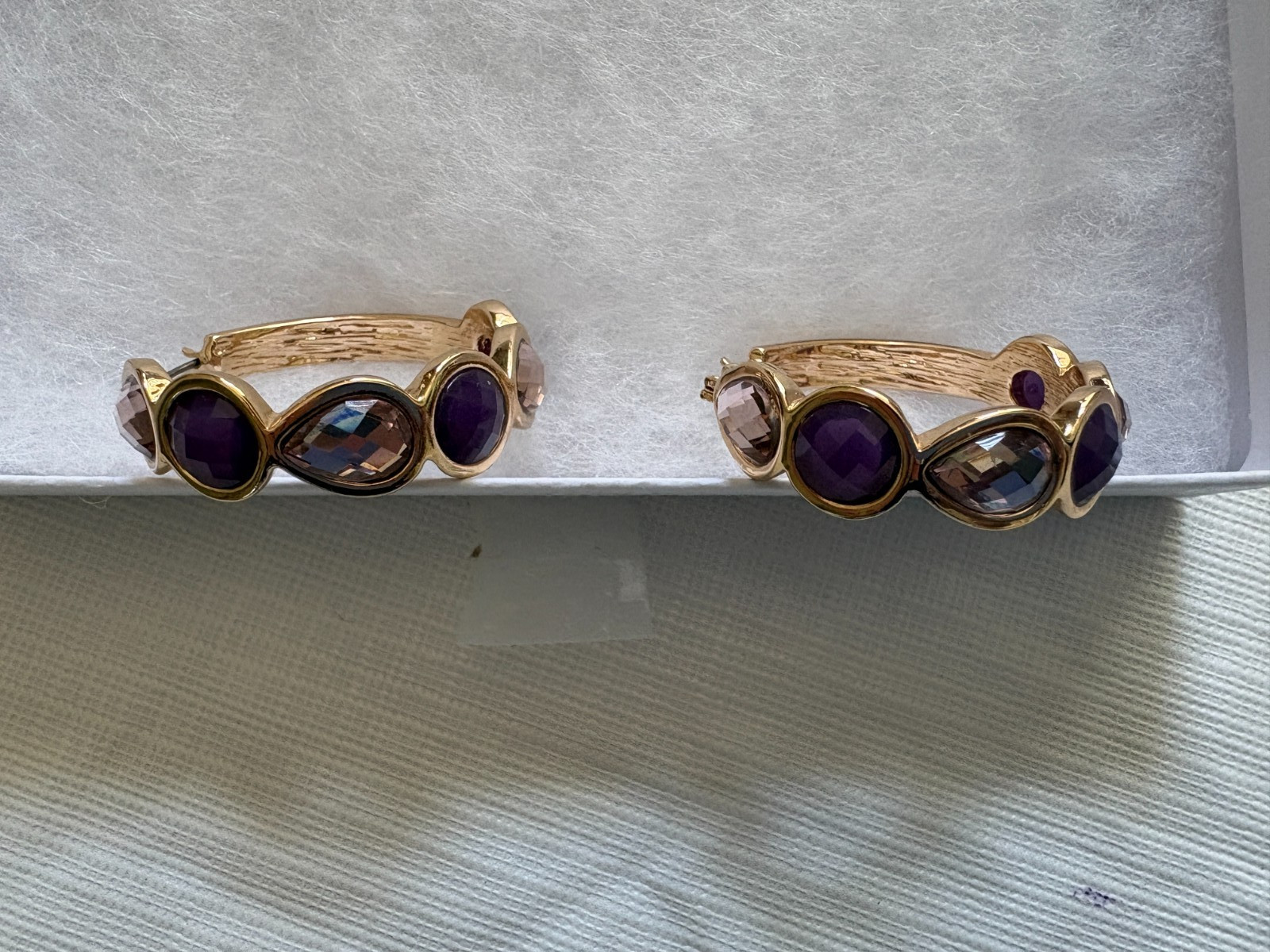 Gold Tone Pierced Hoop Earrings with Purple and Clear Stones 4″