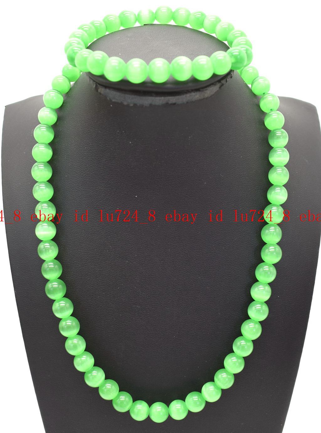 Wonderful 6/8/10mm Green Cat’s Eye Opal Round Gems Beads Necklace Bracelet Set