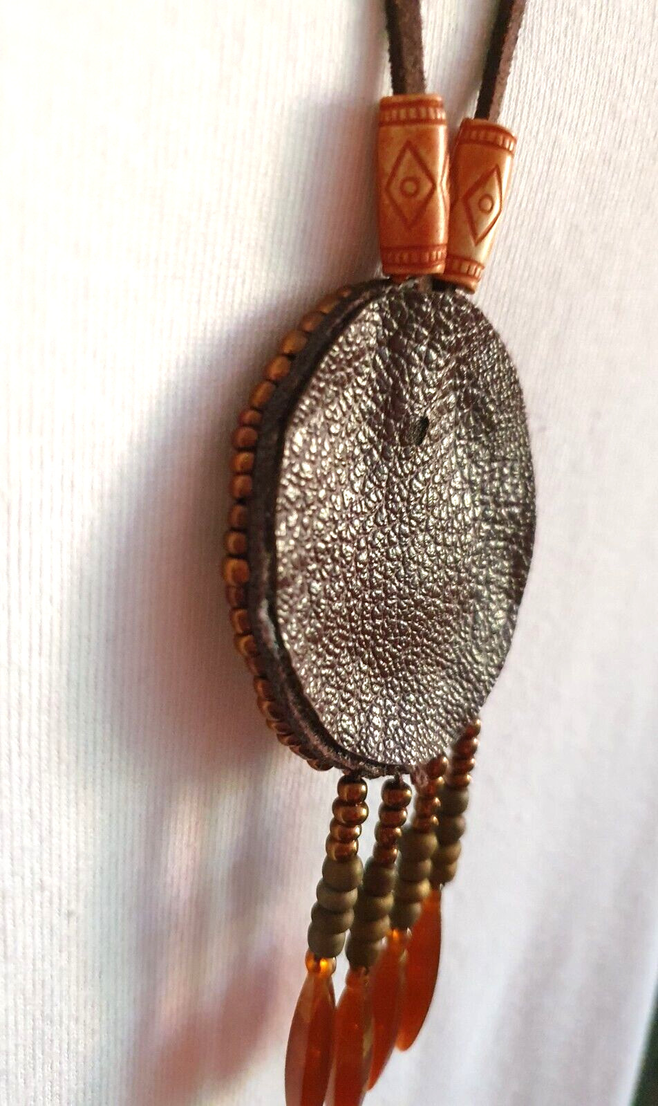 Artisan Mandala Beaded Oval Tassel Leather backed Pendant suede cord Metal Free
