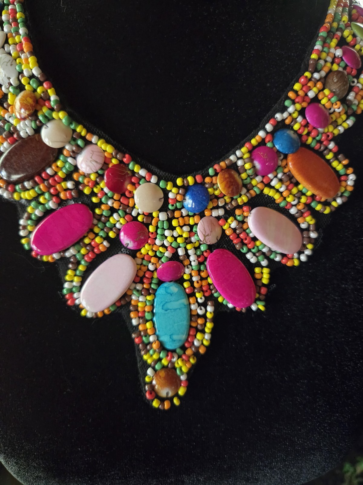 Carnival Style Beaded Bib Necklace Wide With Ribbon Tie Boho