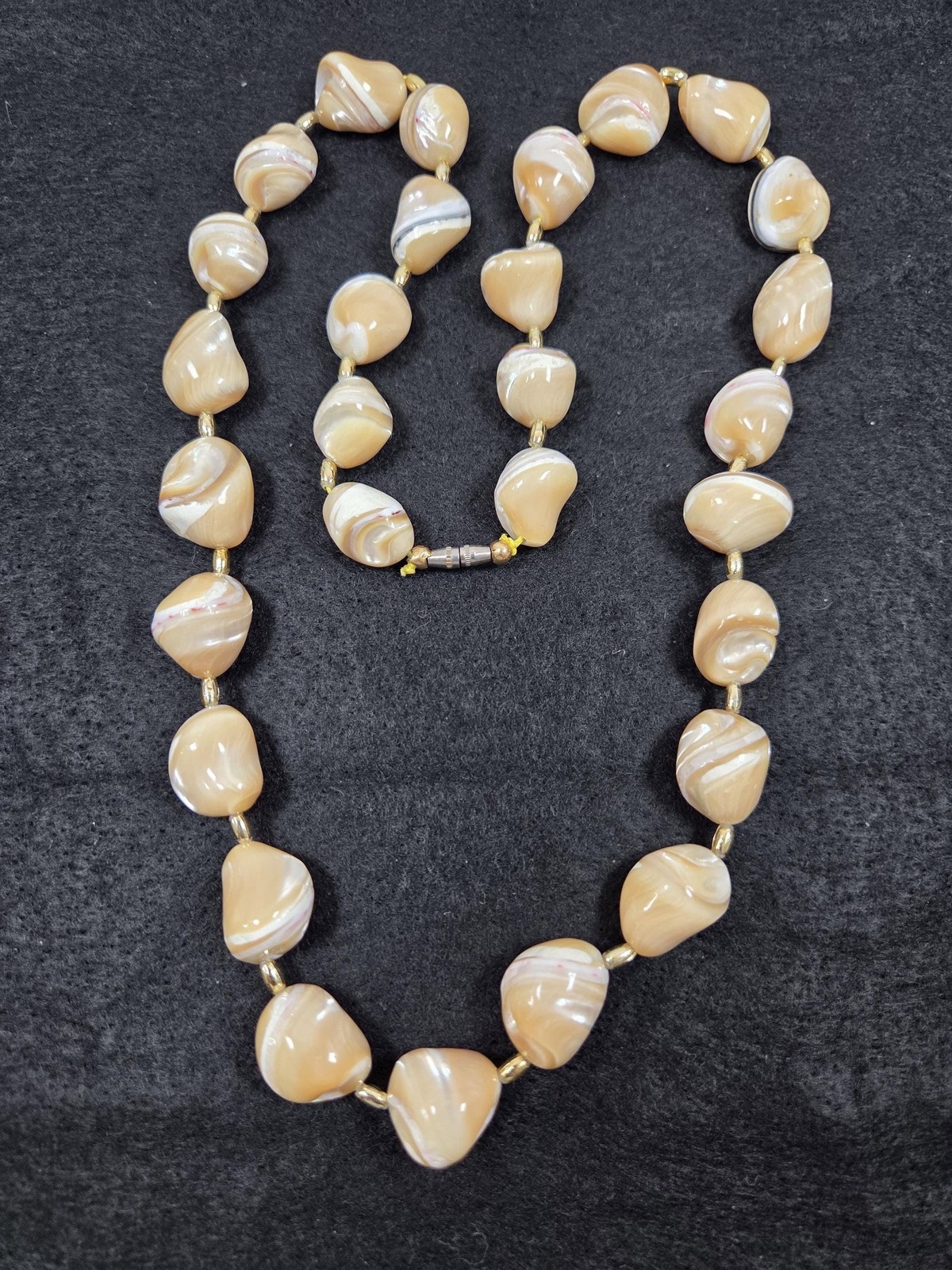 Vintage Natural Polished Shell and Stone Necklace Chunky Earth Tone Swirl Beads