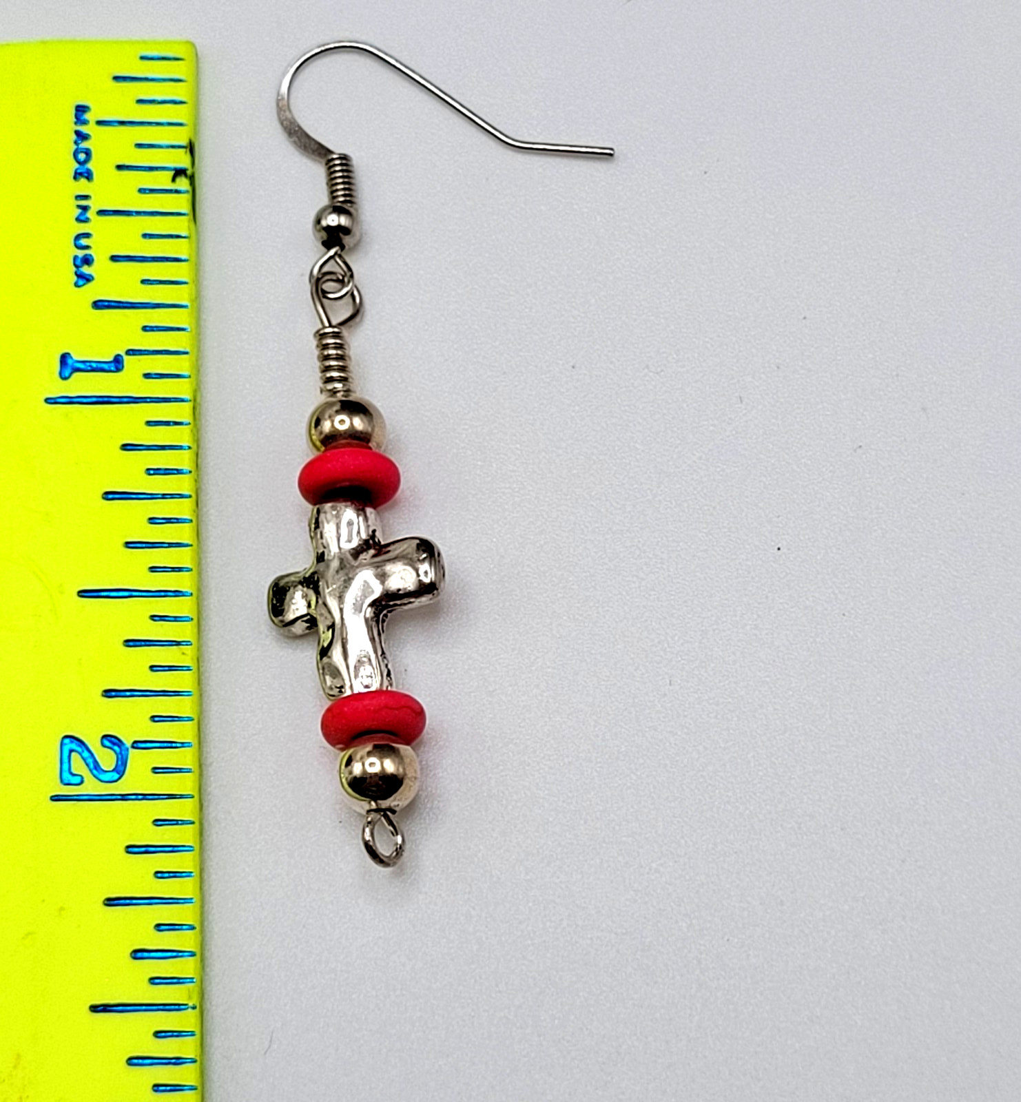 Southwestern Silver Tone Cross w Pink Ceramic Bead Metal Hook Pierced Earrings