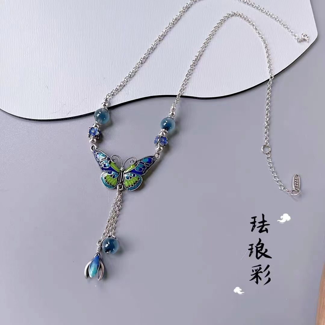 ‌Cloisonne Enamel Butterfly Flower Pendant Necklace Chinese Style Jewelry‌
