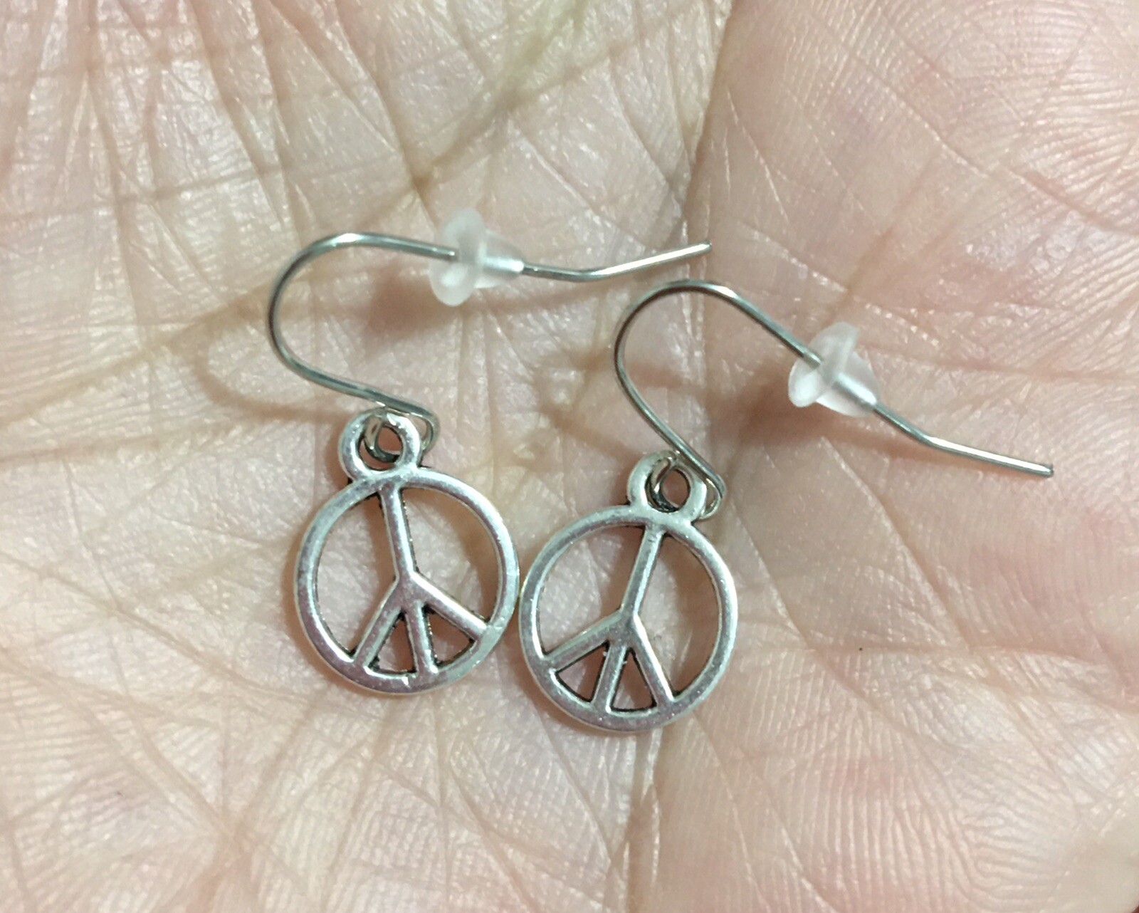 Small Peace Sign Charm Silver Earrings Stainless Steel Hooks! Hypoallergenic