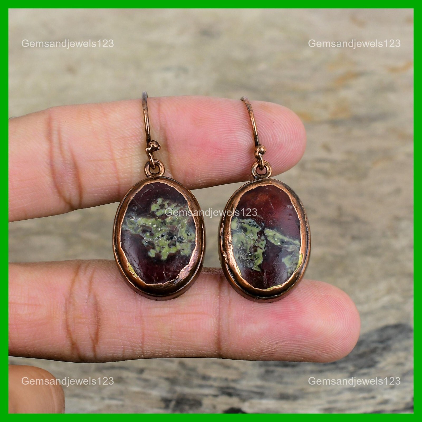 Oval Dragon Bloodstone Gemstone Dangling Electroformed Earrings Jewelry Copper
