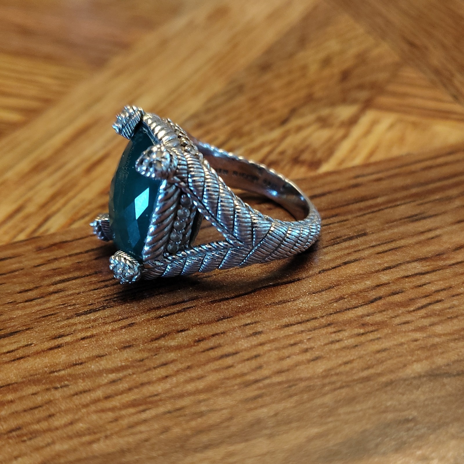 Judith Ripka 925 Sterling Silver Green Goddess Cushion Cut Ring Fleur-de-lis SZ6
