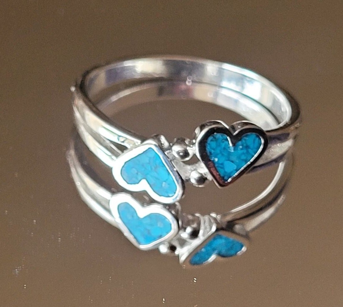 Silver Plated Genuine Turquoise Chip Inlay Ring Southwest Double Heart Band Ring